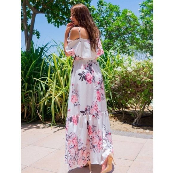 White Floral Print Cold Shoulder Short Sleeve Long Maxi Dress Sundress - Picture 1 of 5